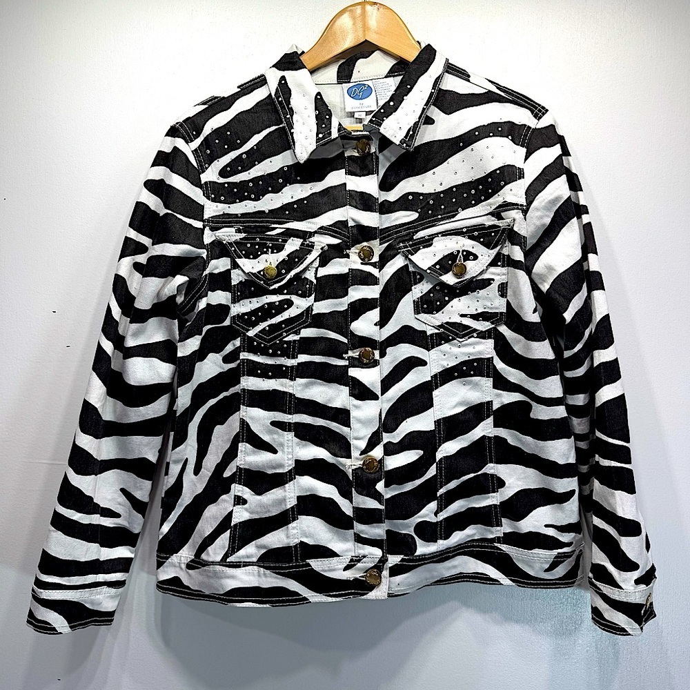 Zebra Print Jean Jacket with Rhinestones & Gold Buttons Diane Gilman DG2 Mobwife
